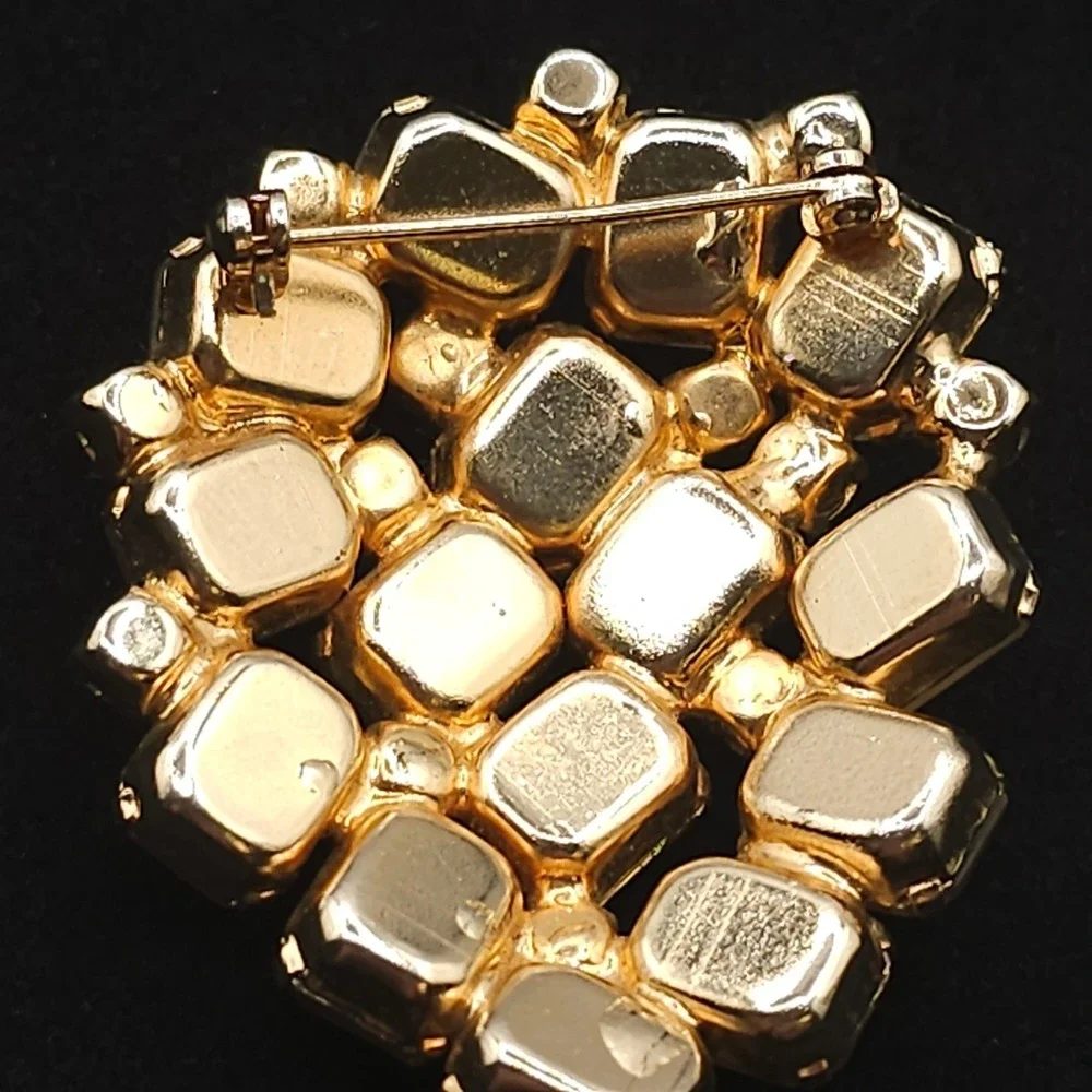 Vtg Frosted Glass Aurora Borealis Rhinestone Brooch Statement Gold Tone Wedding